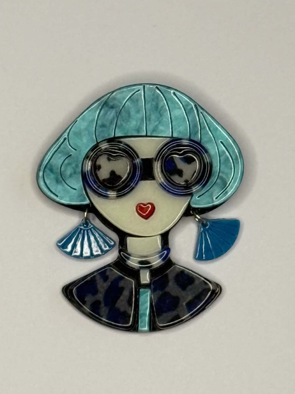Acrylic Abstract Portrait Girl Brooch Blue Hair Kitsch Pin